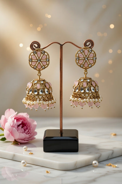 Ruby Kundan Pearl Jhumka Earrings