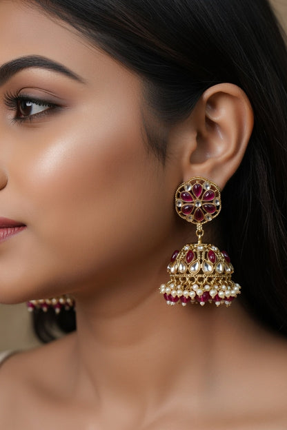 Ruby Kundan Pearl Jhumka Earrings