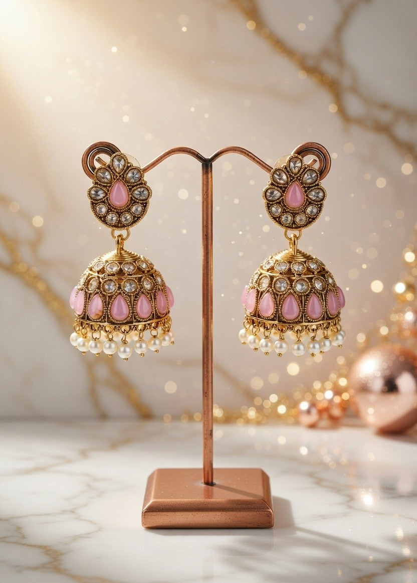 Artificial Pink & Green Small Jhumka Earrings with Pearl Drops