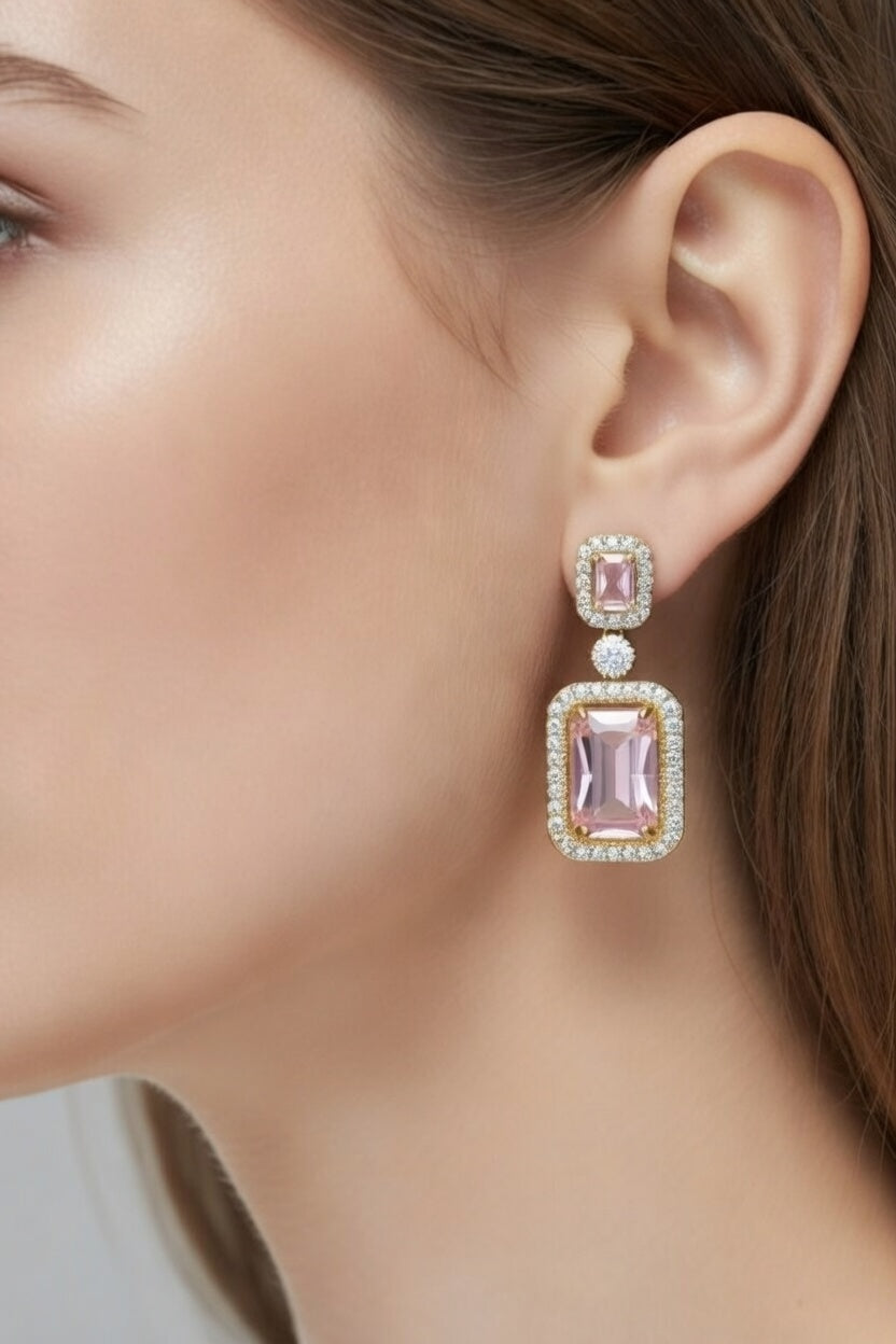 Crystal Statement Drop Earrings, Pink, Green – Gold Finish