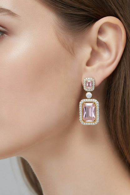 Crystal Statement Drop Earrings, Pink, Green – Gold Finish