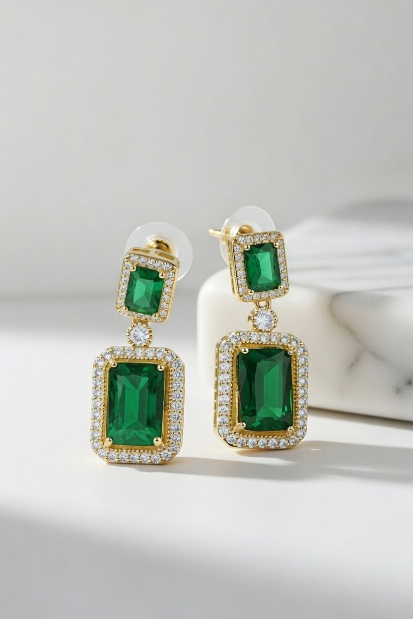 Crystal Statement Drop Earrings, Pink, Green – Gold Finish