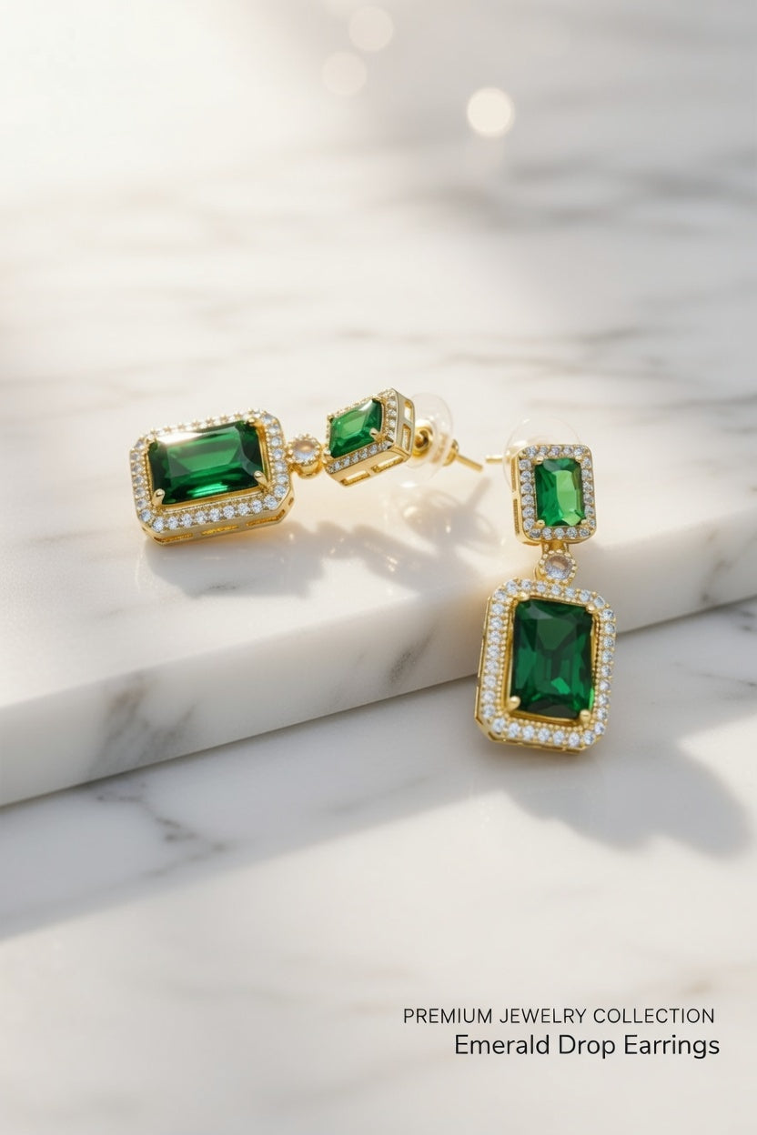 Crystal Statement Drop Earrings, Pink, Green – Gold Finish