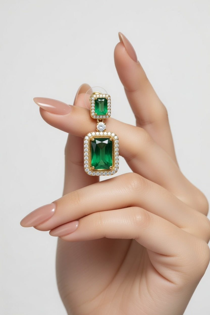 Crystal Statement Drop Earrings, Pink, Green – Gold Finish