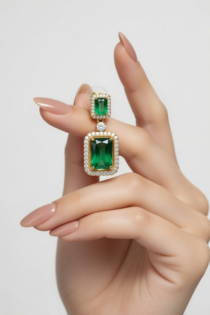 Crystal Statement Drop Earrings, Pink, Green – Gold Finish