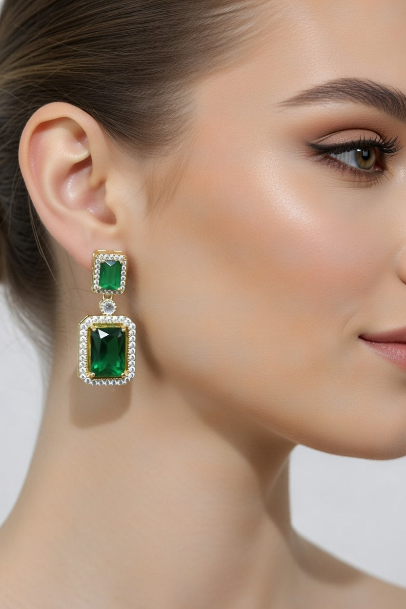 Crystal Statement Drop Earrings, Pink, Green – Gold Finish