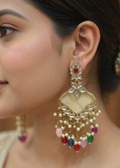 Royal Kundan Jhumka Earrings – Multicolor Pearl Tassel Drop