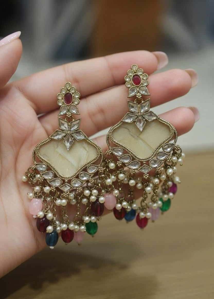 Royal Kundan Jhumka Earrings – Multicolor Pearl Tassel Drop