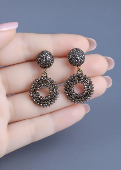 Black Oxidised Round Drop Earrings for Women