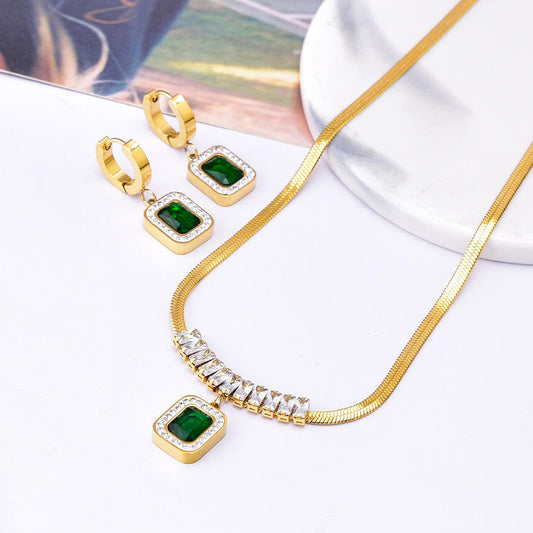 Anti Tarnish Black & Green Stone Necklace Set with Earrings