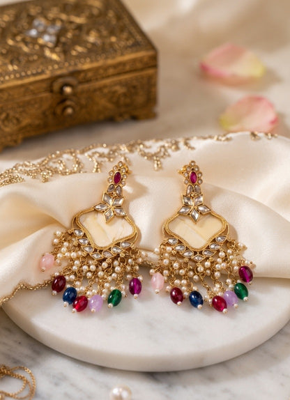 Royal Kundan Jhumka Earrings – Multicolor Pearl Tassel Drop