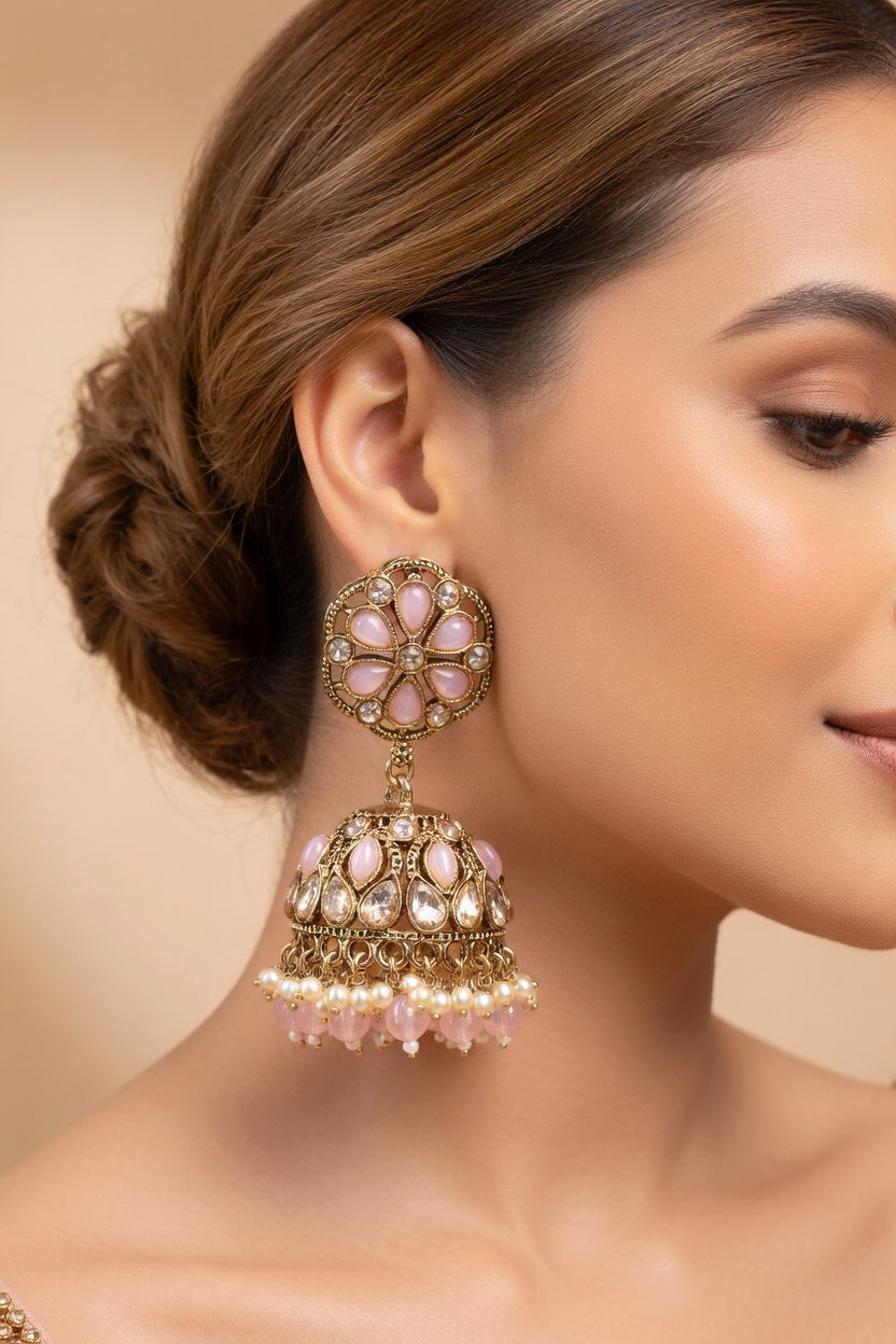Pearl Kundan Jhumka Earrings for Women - Pink, Green, Red, Light Pink