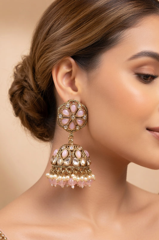 Pearl Kundan Jhumka Earrings for Women - Pink, Green, Red, Light Pink
