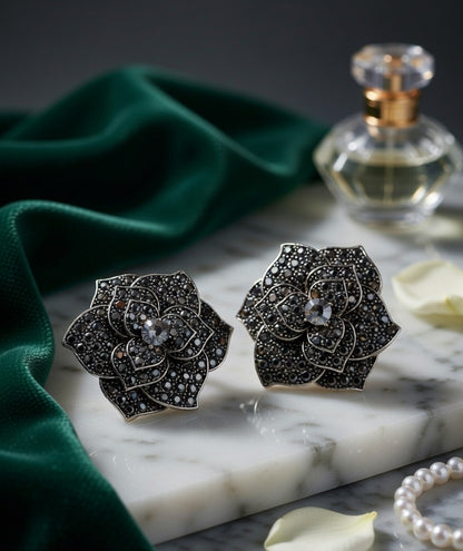 Black Floral Statement Stud Earrings for Women