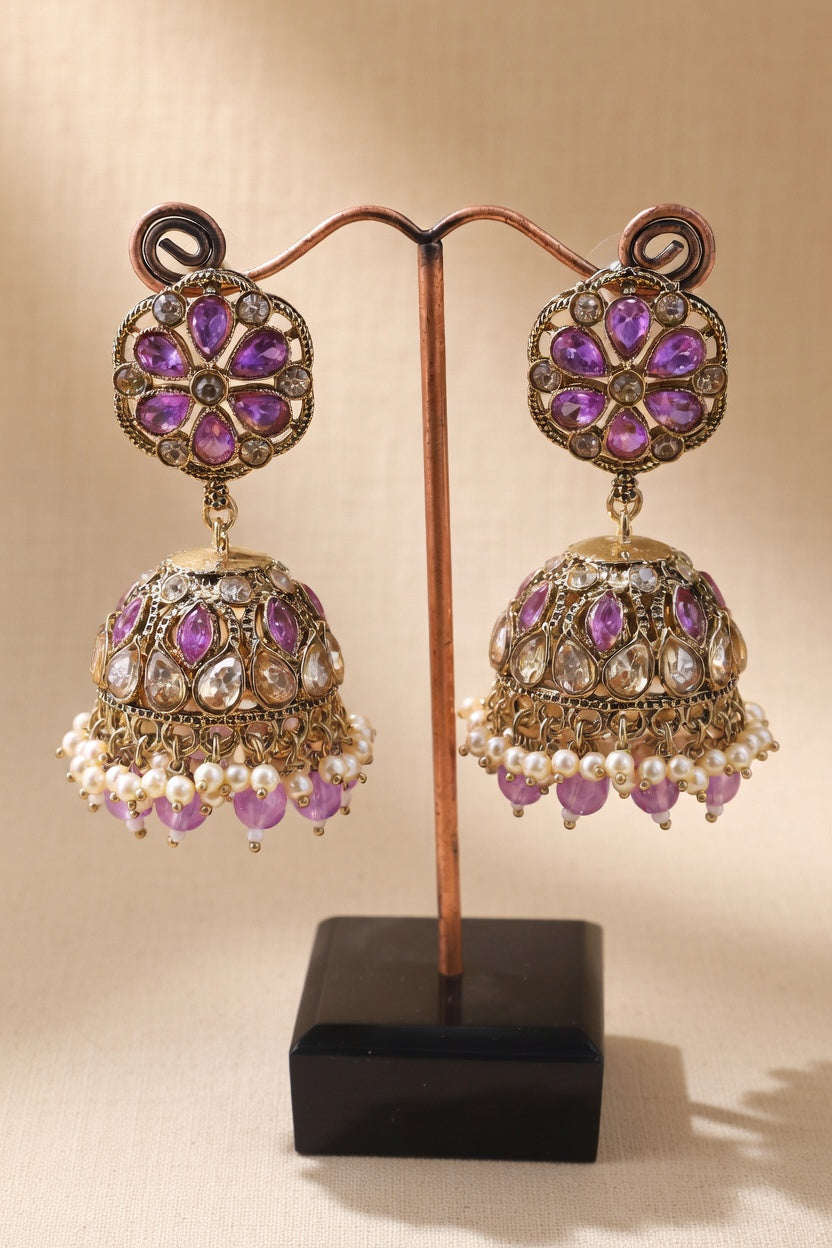 Pearl Kundan Jhumka Earrings for Women - Pink, Green, Red, Light Pink