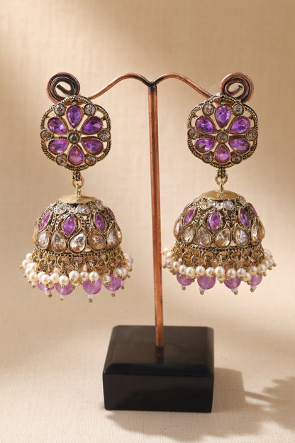 Pearl Kundan Jhumka Earrings for Women - Pink, Green, Red, Light Pink
