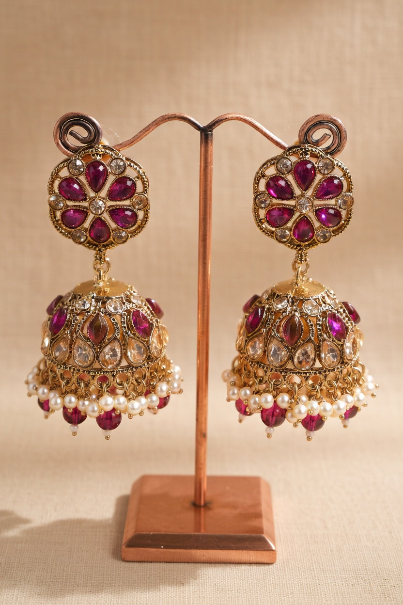 Pearl Kundan Jhumka Earrings for Women - Pink, Green, Red, Light Pink