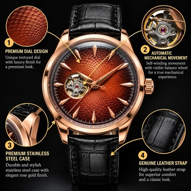 Luxury Rose Gold Mechanical Watch with Open-Heart Design - Image 3
