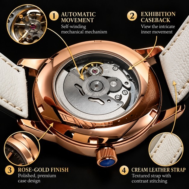 Luxury Rose Gold Mechanical Watch with Open-Heart Design - Image 5